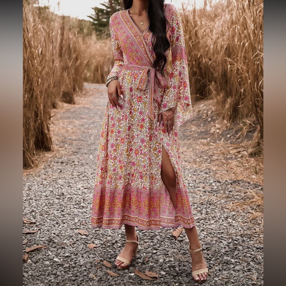 Flare Sleeve Front Slit Floral Boho Maxi Midi Dress Soft, Flowy & Lightweight